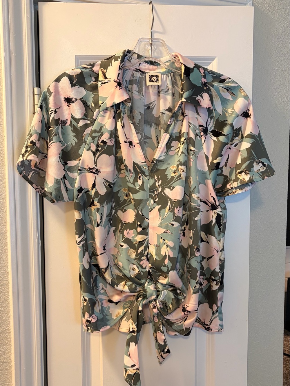 Anne Klein Sage Green & Pink Floral Tie-Front Satin Button Shirt